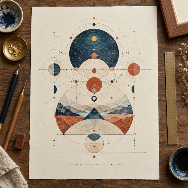 Overhead detail of a geometric custom line artwork on paper