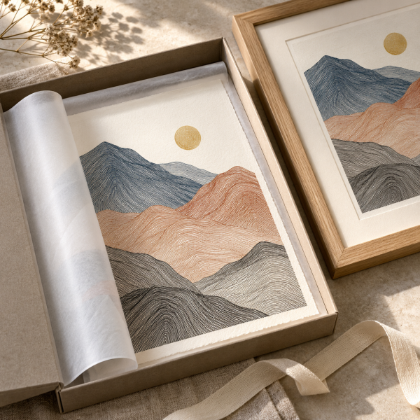 Custom line artwork shown with protective packaging beside a frame