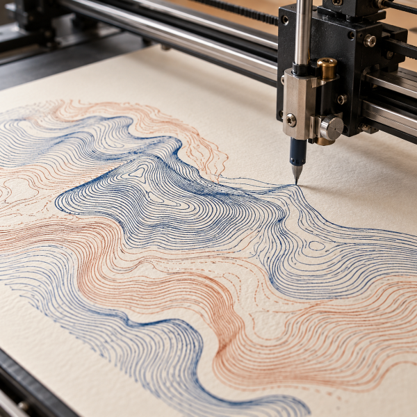 Pen plotter drawing a custom line artwork on paper